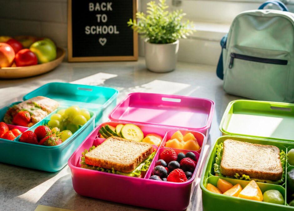 Multi-compartment bento-style lunch box setup filled with sandwiches, fresh berries, and sliced fruit